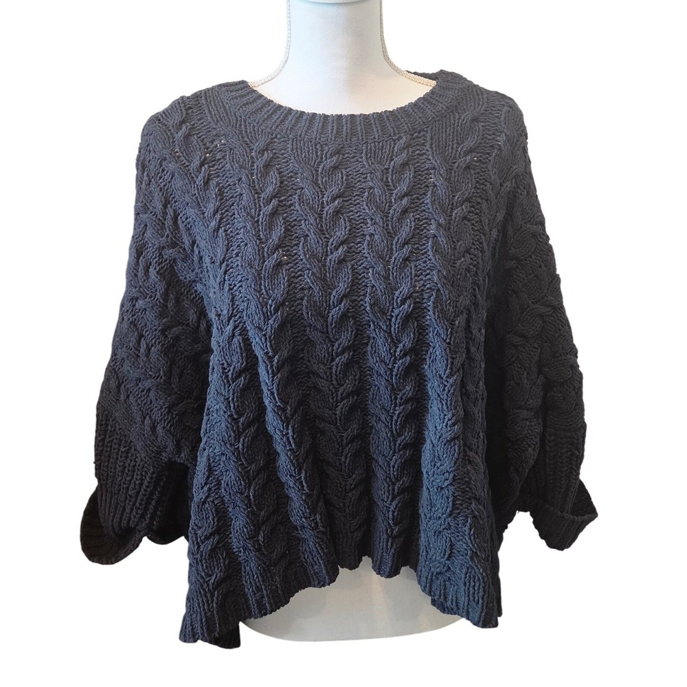POL Womens Black‎ Cable Knit Oversized Sweater JST371B Chunky Crew Neck Small